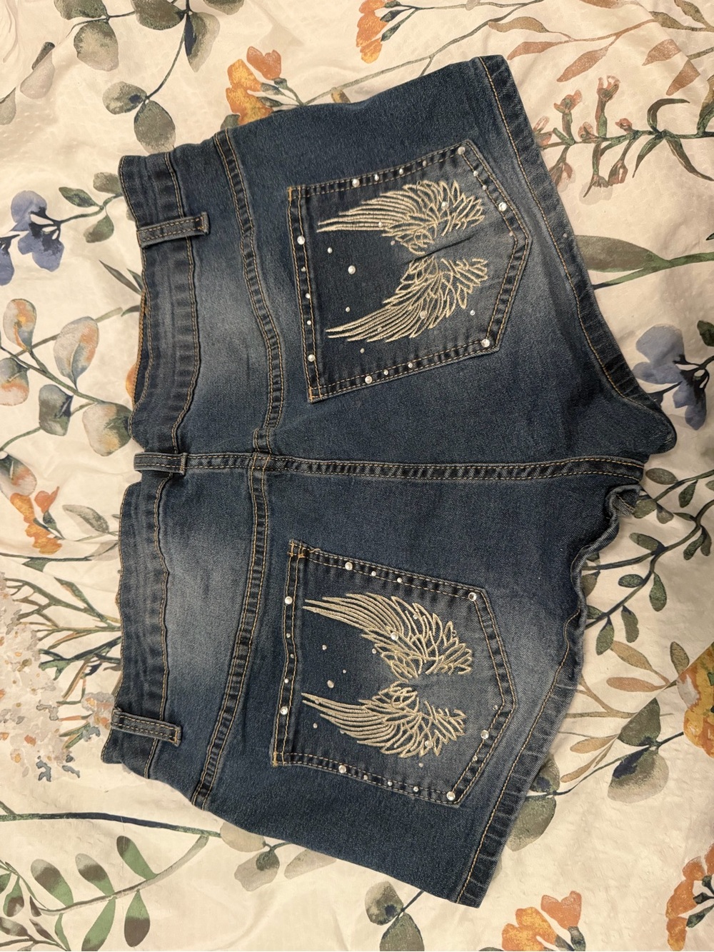 Denim Shorts with Embroidered Wing Pockets